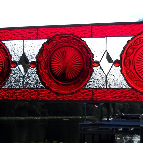 Hand Crafted Stained Glass Plate Panel With Vintage Avon Cape Cod Ruby