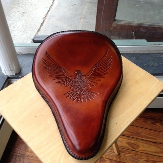 Handmade Hand Tooled Leather Motorcycle Seat by Pirate Upholstery