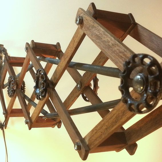 Hand Made Teak & Mahogany Scissor Arm Lamps Vintage Industrial Style