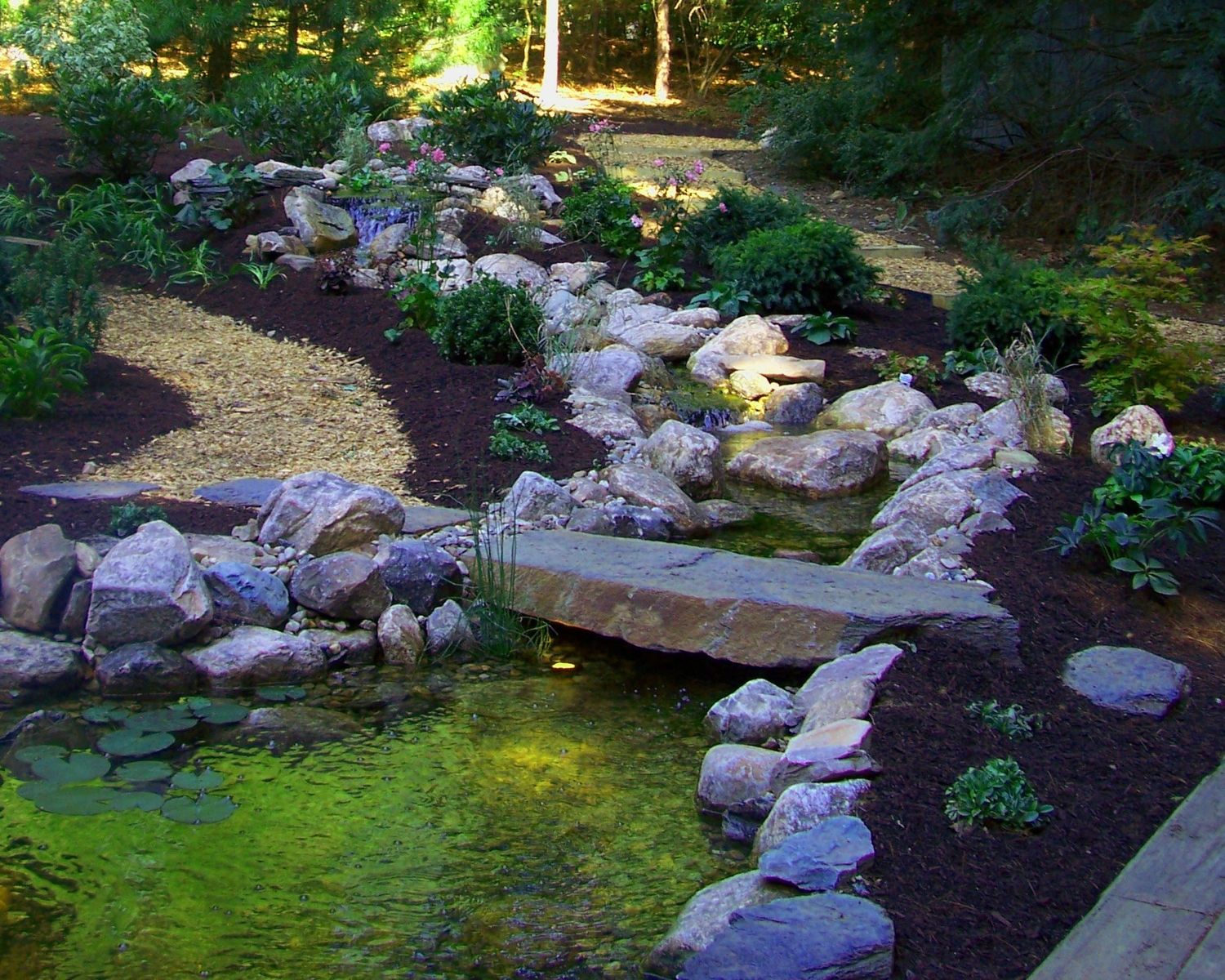 Custom Backyard Stream And Stone Bridge by A Yard & A Half Outdoor