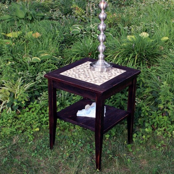 Hand Crafted End Table, Glass & Stone Tile Mosaic, Reclaimed Wood, Dark