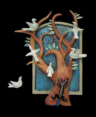 Custom Made Tree Mother With Skink And Doves In Stoneware