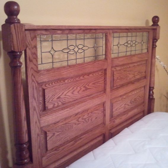 Hand Crafted Oak Panel Bed W/Stained Glass by Jmt Designs