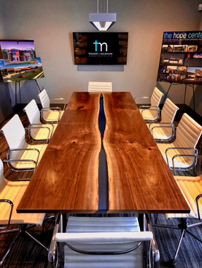 Custom Made Book-Matched Black Walnut, Resin, And Steel Conference Table