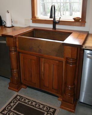 Custom Made Cherry Sink Cabinet With Walnut Top And Handcrafted Copper Farm Sink