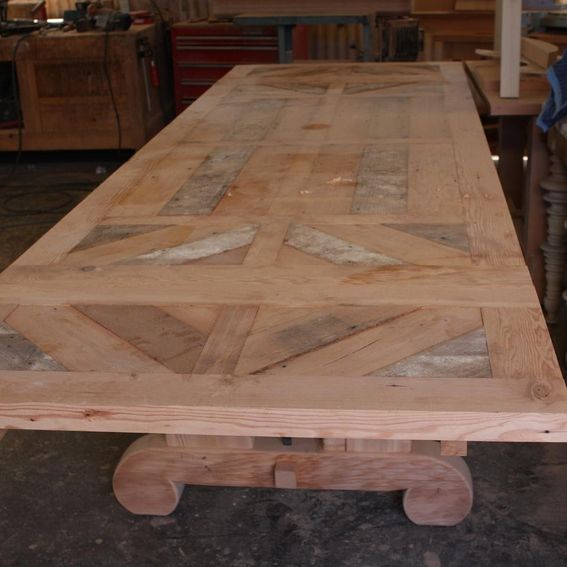 Hand Crafted Custom Trestle Dining Table With Leaf Extensions Built In Reclaimed Wood by Mortise