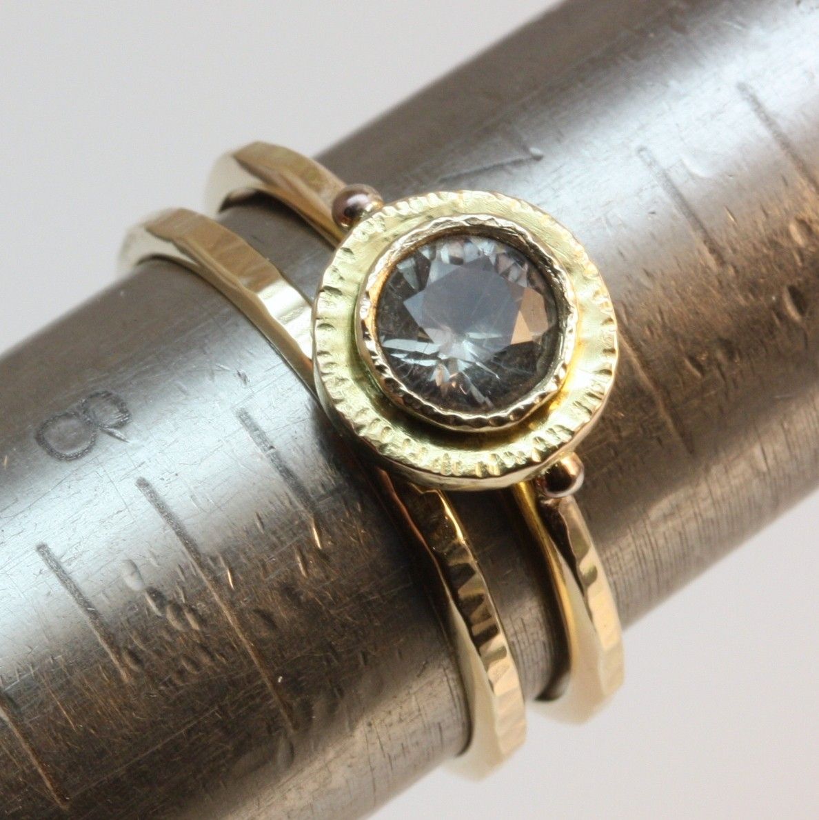 Custom White Sapphire BezelSet Stone Wedding Ring Set With Hammered Texture by Maryajewelry