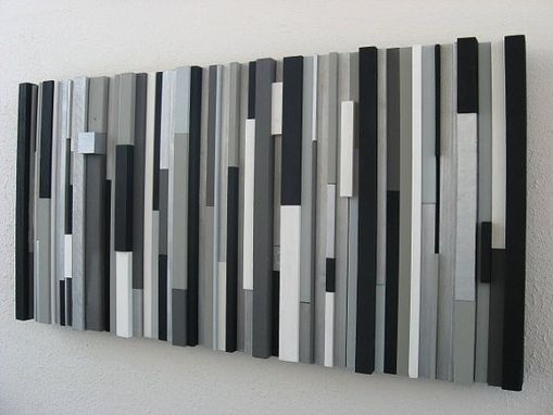 Custom Made Modern Wood Wall Art Sculpture Black White Greys Silver