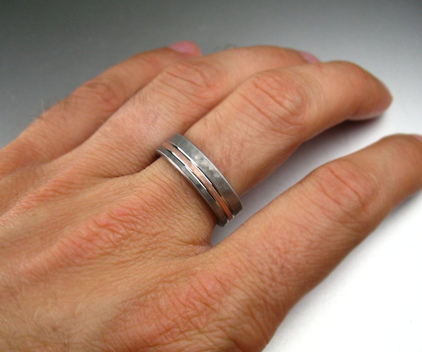 Buy a Hand Crafted Personalized Titanium & Rose Gold Hammered & Brushed