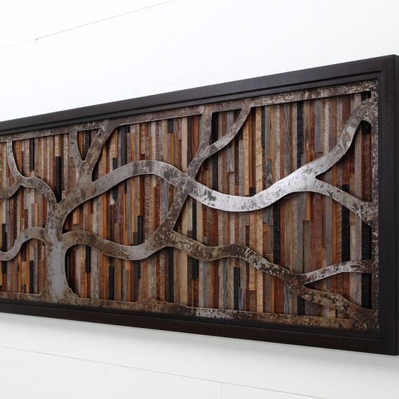 Hand Crafted Wood Wall Art Made Of Old Barnwood And Natural Steel 48x18