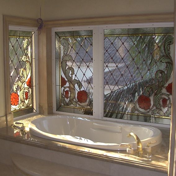 Hand Crafted Stained Glass With Hand Painted Kiln Fired Corner Window