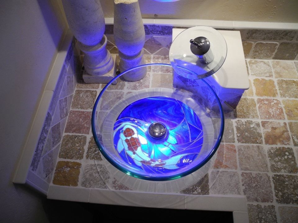 Handmade Custom BackLit Glass Koi Fish Mosaic Vanity And Sink by The