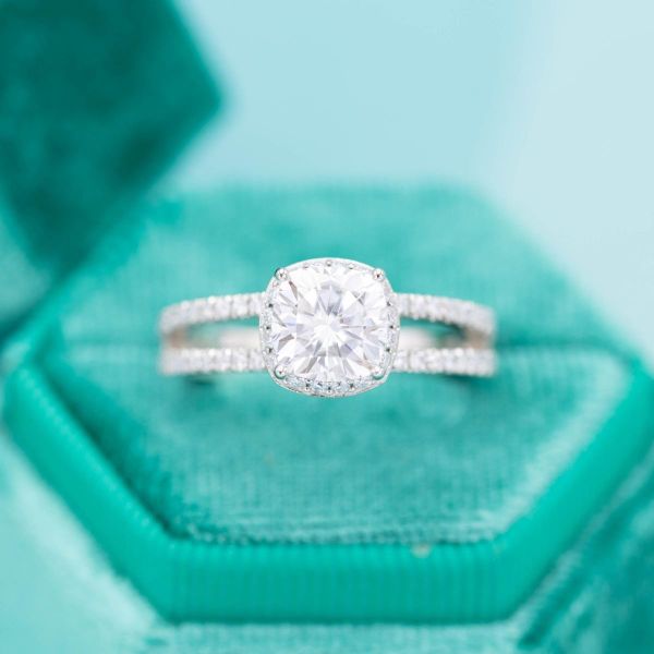It's all about bling in this split shank, pave moissanite engagement ring.