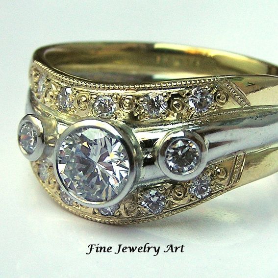Hand Crafted 18k Gold &amp; Platinum Diamond Wedding Ring Band - Unique