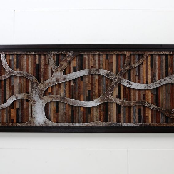 Hand Crafted Wood Wall Art Made Of Old Barnwood And Natural Steel 48x18