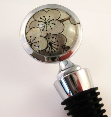 Custom Made Wine Stopper With Grey Plum Blossoms Design