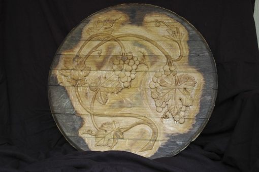 Custom Made Hand-Carved Wine Cask End With Grape Design