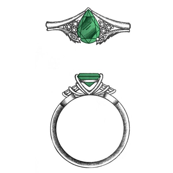 Design sketch for a peacock feather engagement ring with an emerald center stone.