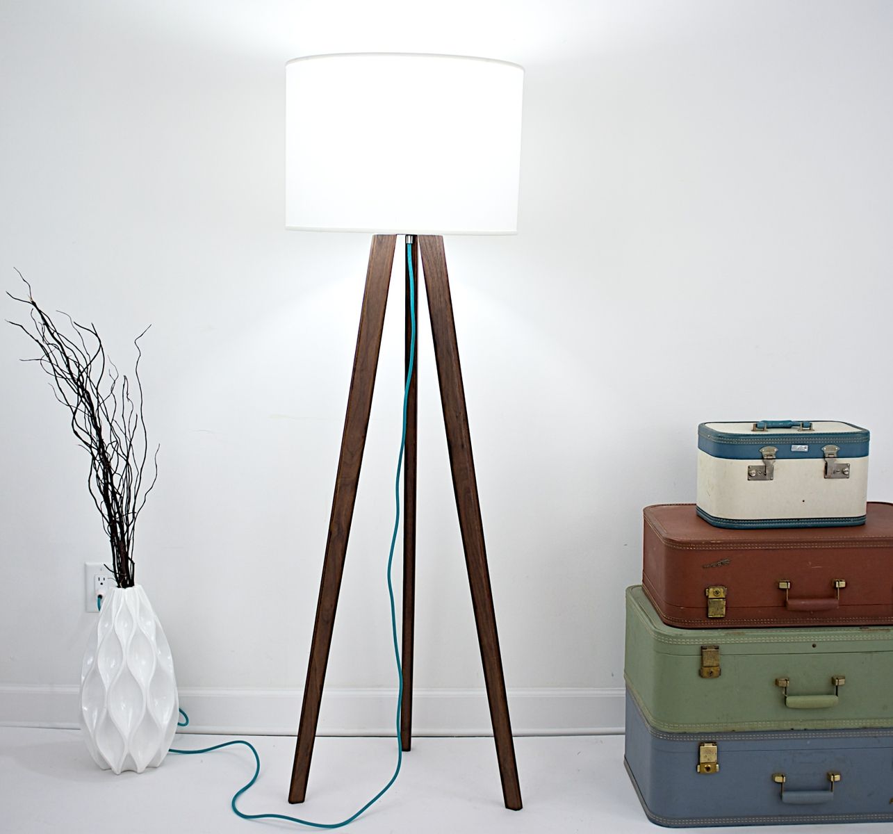 Hand Crafted Midcentury Inspired Solid Walnut Tripod Floor Lamp, W