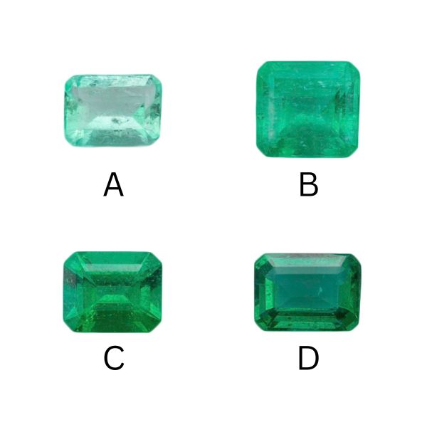 These four natural emeralds vary in saturation.