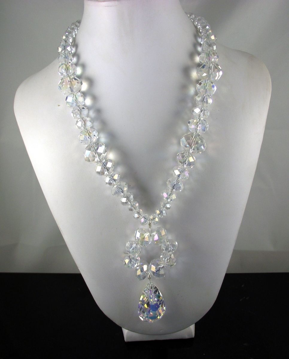 Hand Crafted Swarovski Tear Drop Clear Ab Crystal Necklace by Shannon