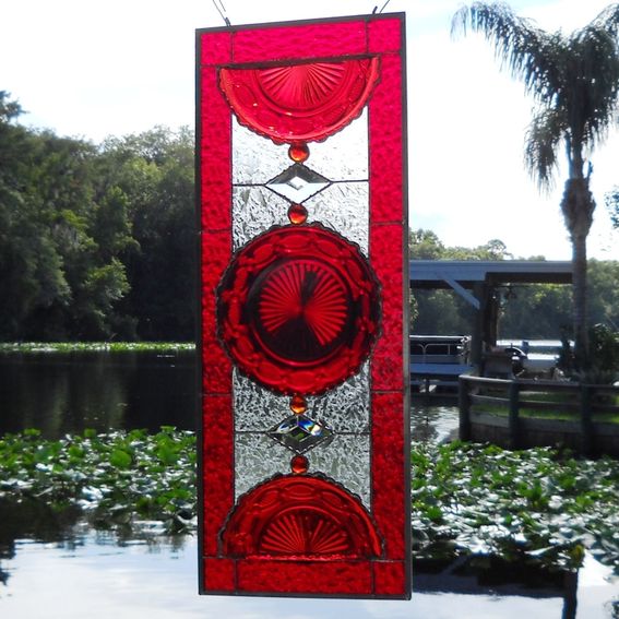 Hand Crafted Stained Glass Plate Panel With Vintage Avon Cape Cod Ruby