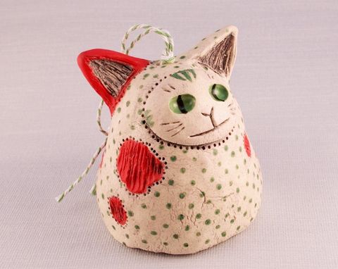 Custom Made Ceramic Cat Ornament Bell, Red White And Green Christmas Ornament