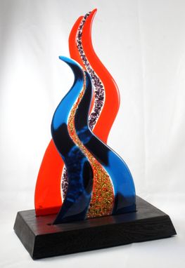 Custom Made Fused Glass Sculpture With Wooden Base