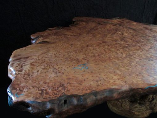 Custom Made Large Live Edge Redwood Burl Slab Coffee Table, Burl Pine Log Base With Turquoise Inlay