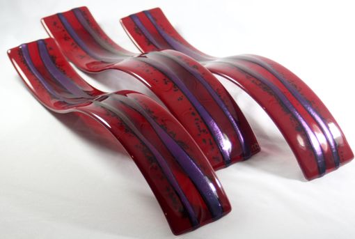 Custom Made Glass Art Sculpture With Red Waves In Set Of 3