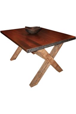 Custom Made Salvaged Yellow Pine X-Style Base Dining Table With Hammered Steel