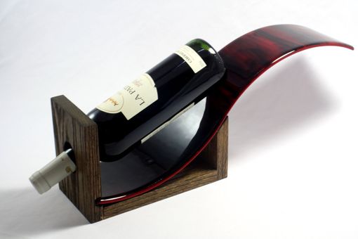 Custom Made Fused Glass Wine Bottle With Oak Base "Deep Red Wave"
