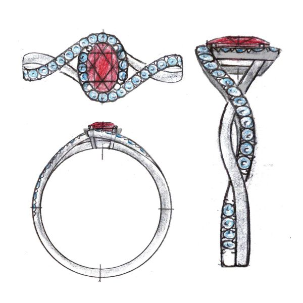 An oval cut ruby nestles on a twisted white gold band with diamond accents