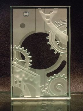 Custom Made Steampunk Etched Glass Paperweight - Gears And Mechanical Works Of Art
