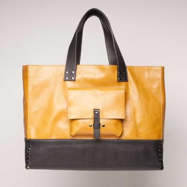 Custom Made Leather Tote Bag - Fully Lined: Golden Yellow With Black Contrast