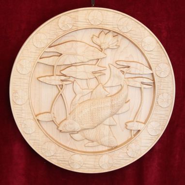 Custom Made Koi Swimming Wood Carved Art Piece