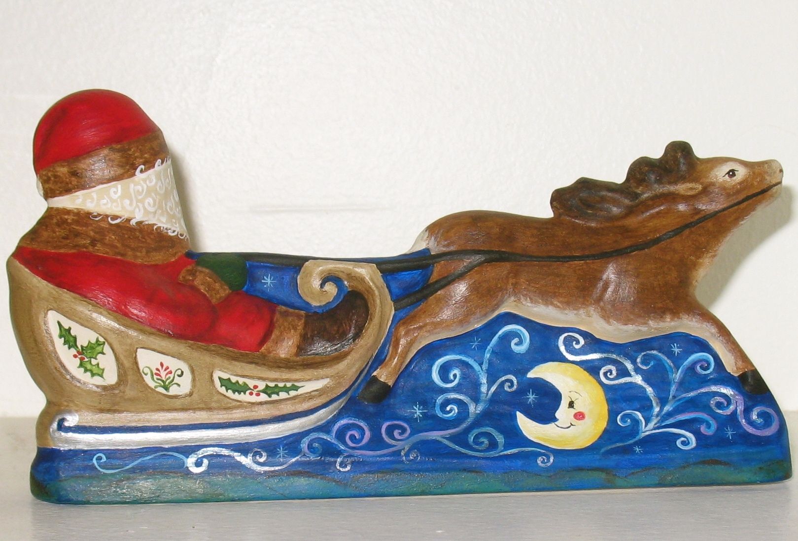 Hand Crafted Christmas Chalkware Santa On Sleigh From An