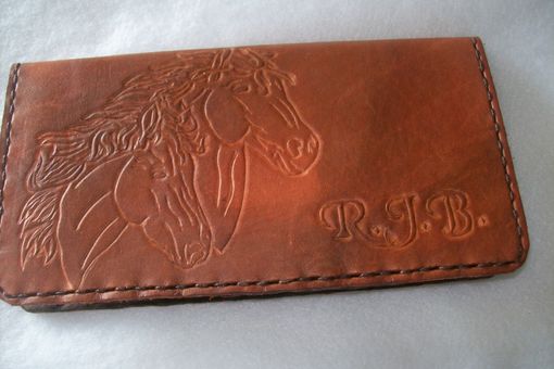 Custom Made Custom Leather Checkbook Cover With Horse Design And Personalization