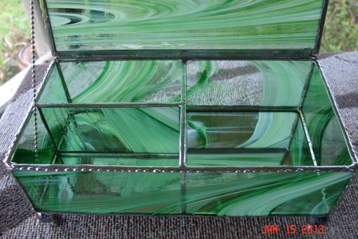 Custom Made Green And White Swirled Stained Glass Jewelry Box With Dividers