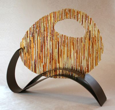 Custom Made Amber Circle Fused Glass And Metal Sculpture