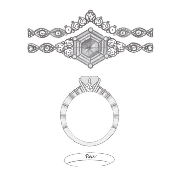 A hexagon cut salt and pepper diamond brought together the rose and vintage inspirations for this engagement ring.