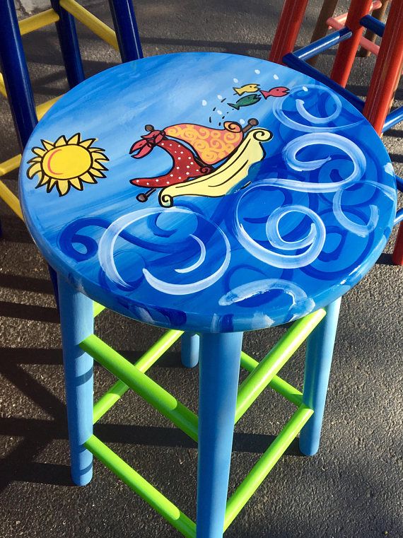Hand Crafted Whimsical Painted Painted Bar Stool, Nautical Painted