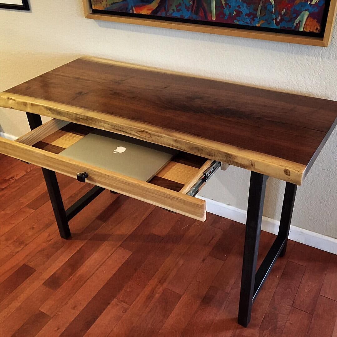 Hand Crafted Walnut Live Edge Desk With Hand Forged Metal Legs And