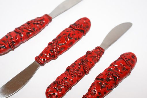 Custom Made Knife Set, Hand Sculpted Red Polymer, Reclaimed Stainess Vintage Utinsil