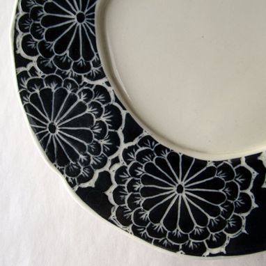 Custom Made Small Black And White Plate With Carved Flower Pattern