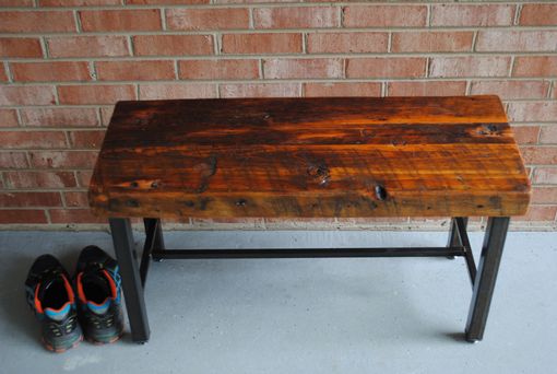 Custom Made Reclaimed Pine Bench With Steel Base