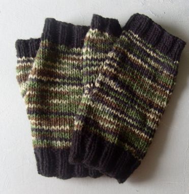 Custom Made Hand Knit Fingerless Gloves For Men / In Green And Black Camouflage