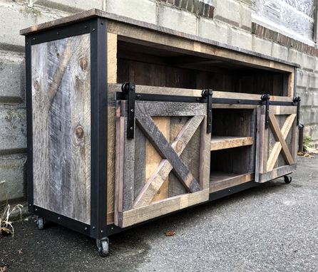 Custom Made Rustic Industrial Barn Board Media Stand / Tv Stand W/ Sliding Barn Doors