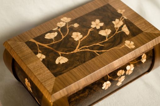 Custom Made Walnut Radius Jewelry Box With Apple Blossom Inlay
