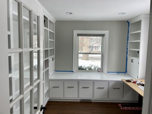 Custom Made Home Office Shelving & Cabinets In Satin White With Lighting
